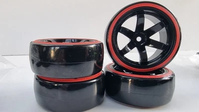 1/10 12mm Drive Red Black Hex RC Car Wheels Rubber Tyres Set For Drift RC Car - Image 1 of 4