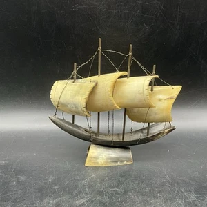 Vtg Hand Made 4 Mast Sailing Ship Made Of Cow Horn 7 1/2” T 8” L - Picture 1 of 6
