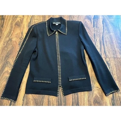 Suéter Cárdigan Tejido Gris Marie Colección ST JOHN Talla 6 Cremallera Completa Negro con Dorado Foto 1 de 4