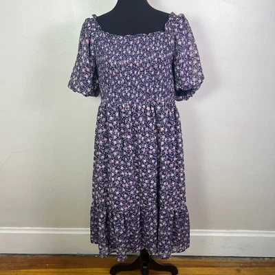 Lauren Conrad Floral Midi Dress XXL Square Neck Smocked Pink Blue - Image 1 of 4