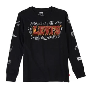 Levi's Boys Medium Long Sleeve T-Shirt Black Graphic Print Logo Camera Pizza - Picture 1 of 7