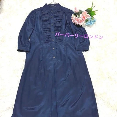 Burberry London Silk Blend Shirt Dress Navy 38/Size M Tuck Gathers Frills Used - Image 1 of 4