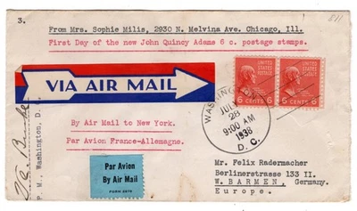 #811 John Quincy Adams Presidential Series 1938 - Typed Cachet Signed to Germany - Image 1 of 2