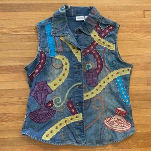 Chicos Jean Vest Womens 2 Embroidered Applique Boho Art Jacket Casual Layering - Picture 1 of 14