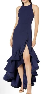 BETSY & ADAM NWT Long Halter Crepe Tiered Ruffle Gown Dress Navy Size 4 - Picture 1 of 9