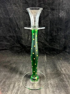 Orrefors Celeste Single Light Candlestick Green and Gold Dots 11.5 Inch Height - Picture 1 of 7