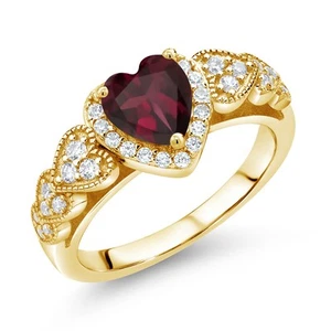 18K Yellow Gold Plated Silver Ring Set with Heart Shape Rhodolite Garnet and - Picture 1 of 6