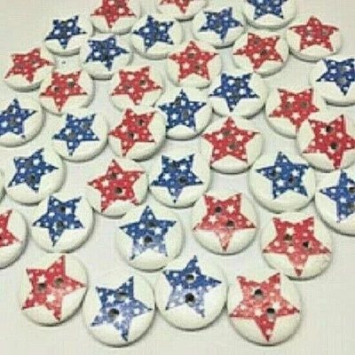 Pkg of 10 Red & Blue STAR 2-hole White Wood Buttons 3/4" (20mm) Craft (1054) - Image 1 of 2