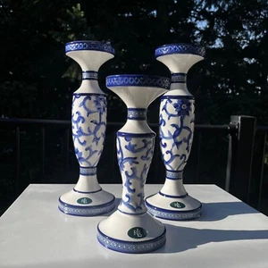 Vintage Candle Holders by Ralph Lauren- Set of 3 Pillars. Antique Mandarin Blue  - Picture 1 of 4