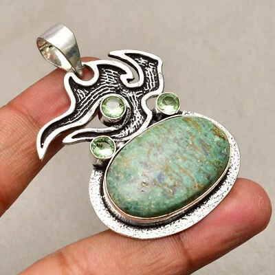 Colgante de joyería hecha a mano de plata de ley 925 con piedras preciosas de crisoprasa de 2,12" Foto 1 de 4