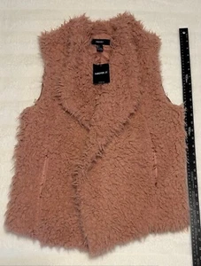 Forever 21 Faux Fur Vest Size Large Fuzzy Pink Shawl Collar Pockets Sherpa Loose - Picture 1 of 5
