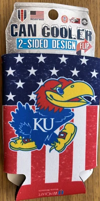 KANSAS UNIVERSITY KU JAYHAWKS US FLAG CAN COOZIE COOLER KOOZIE NEW WITH TAG - Image 1 of 2