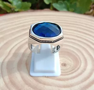 Turkish Blue Zircon Handmade Ottoman 925 Sterling Silver Jewelry Mens Ring 8.5 - Picture 1 of 9