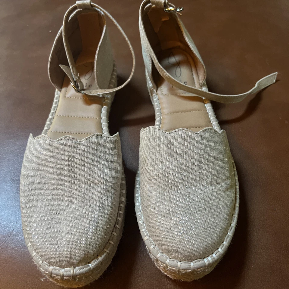 JOIE - Beige Shimmer Espadrille Platform Sandals Ankle Strap Buckle Sz 9.5M - Image 1 of 4