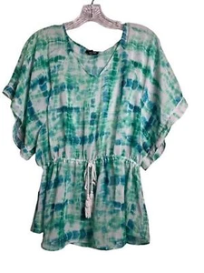 A.N.A. S transparentes grün-weißes Kurzarm-Shirt mit V-Ausschnitt Kordelzug Quasten Taille - Bild 1 von 9