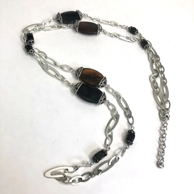 "Collar Brighton de eslabones largos ámbar liso ágata piedras moda plateado 50""" Foto 1 de 4