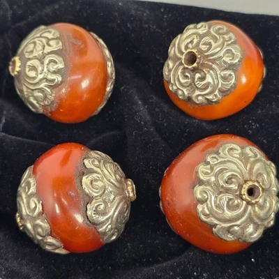 Vintage Tibetan Silver Capped Amber Resin Dust Beads - Image 1 of 4