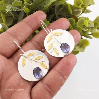 Ovalado Iolita Piedra Plata de Ley Aniversario Gancho Artisan Pendientes Joyería - Imagen 1 de 4