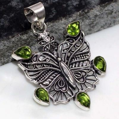 Colgante de piedras preciosas enchapadas en plata 925 facetadas con peridoto mariposa 2" JW Foto 1 de 3