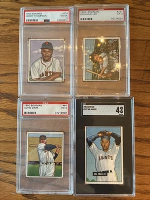 Lote de 4 Gigantes de Nueva York graduados Bowman 1950 y 1951 con RC de H. Thompson Mueller Maglie Foto 1 de 4