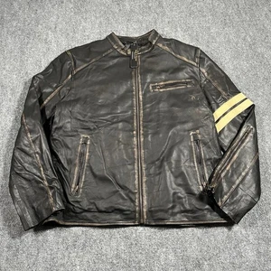 Leather Jacket Mens XL Black Full Zip Cafe Racer Rustic Quilt Lined Chin Strap - Picture 1 of 11