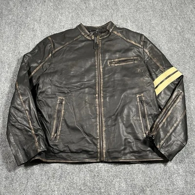 Leather Jacket Mens XL Black Full Zip Cafe Racer Rustic Quilt Lined Chin Strap - Image 1 of 4