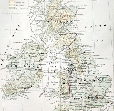 1916 Карта Европа Британские острова Шотландия Ирландия Англия Уэльс физическая DWSS9 - Изображение 1 из 2