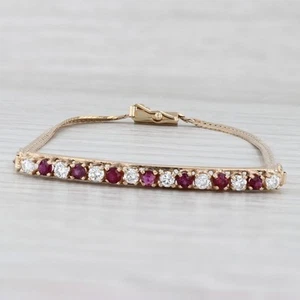 0.74ctw Ruby Diamond Bar Bracelet 14k Yellow Gold Herringbone Chain 6.75" - Picture 1 of 5