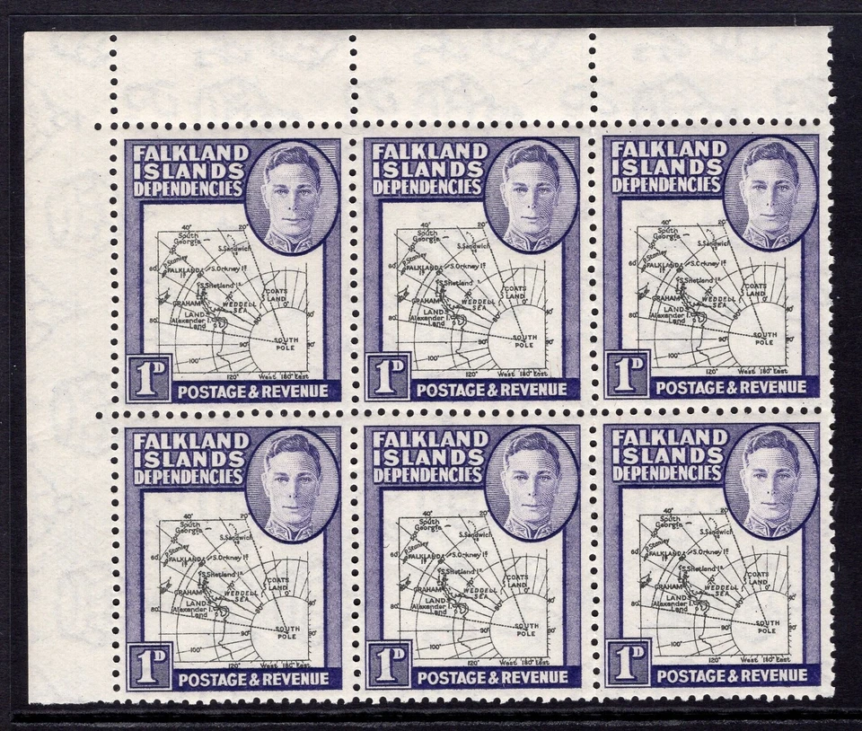 FALKLAND IS DEPS 1946-49 MAPA GRUESO 1D ESQUINA BLOQUE DE 6 FALTAN PERFUMES VARIEDAD "I" Foto 1 de 1
