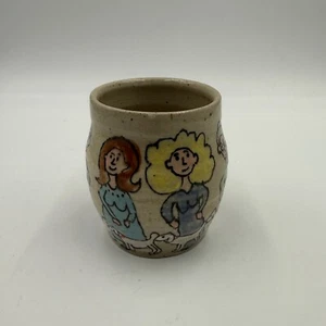 Studio Pottery Vase Small, Hand-painted , Folk Art, Artist Signed, Faces, Dogs - Picture 1 of 8