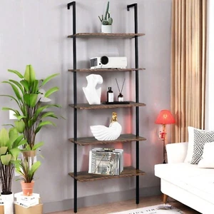 5-Tier Leaning Shelf - Heavy Sturdy, MDF, Metal Frame & Vintage Leaning Bookcase - Picture 1 of 24