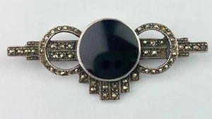STERLING SILVER 925 Bar Pin Brooch Black Onyx Marcasites 7.7g - Picture 1 of 11