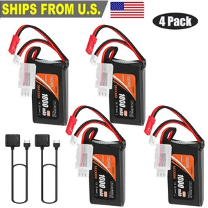 4Pcs SCX24 Lipo Battery 1000mAh 7.4V 2S 35C + USB Charger for 1/10 RC Racing Car - Picture 1 of 8