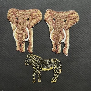 Vintage Iron On Patch 3 Patches Elephants Gold Black Zebra Safari Africa Animals - Picture 1 of 1