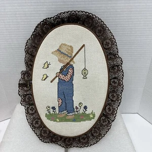 "Vintage Completo Cucitura Croce Ragazzo Andato Pesca Ovale 12x8,5" - Foto 1 di 5