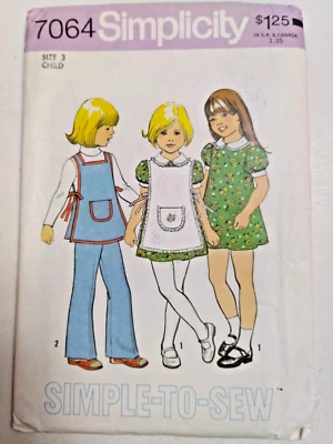 Dress Apron Pants Girls 3 Simplicity 7064 Sewing Pattern Easy Peter Pan Collar - Image 1 of 4