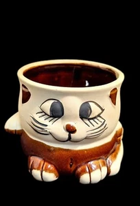 Vintage Retro Painted Cat Kitten Stoneware Pottery Pot Succulent Planter - Picture 1 of 14