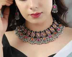 Indian Bollywood Style Silver Plated Oxidized Boho Jewelry Choker Necklace Set..