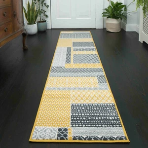 Runner Rug Mat Gold Mustard Yellow Ochre Patchwork Traditional Hallway Entrance - Picture 1 of 15