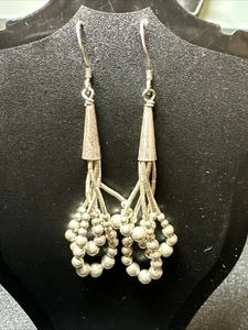 Orecchini pendenti goccia argento sterling 925 multifilo perline lunghi 2” lotto#100 - Foto 1 di 13