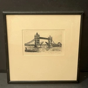 "Tower Bridge" Framed Antique Etching by W Haeburn-Little - Picture 1 of 8
