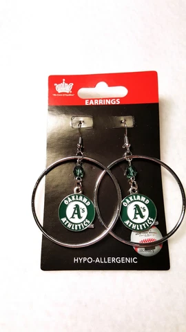 OAKLAND ATHLETICS MLB EARRINGS TEAM 2" HOOP COLOR BEAD DANGLE STYLE W/ HOOP NEW Cover
