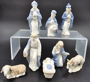 Lefton 8 Stück 4" Krippenfiguren Vintage blau/weiß glasiertes Porzellan Weihnachten - Bild 1 von 16