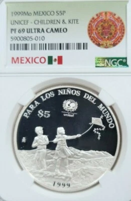 1999 MEXICO SILVER 5 PESOS CHILDREN & KITE NGC PF 69 ULTRA CAMEO SCARCE TOP POP - Image 1 of 4