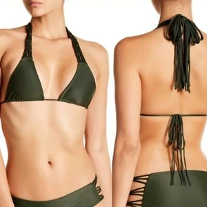 NWT MIKOH Venezuela Crochet Fringe Bikini Top Night Jungle green Small s - Picture 1 of 4