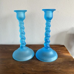 Vintage Tiffin Satin Glass Twisted Sky Blue Candlesticks Set Of 2 - 1920s - Picture 1 of 7