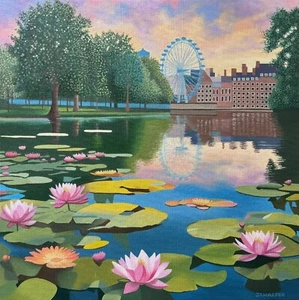 London Eye With Lilies, original oil painting on canvas, surrealism, framed - Picture 1 of 8
