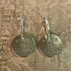 Silver Leverback Hoops Dangle Witch in Training Earrings. Halloween. Witch. S238 - Picture 1 of 3