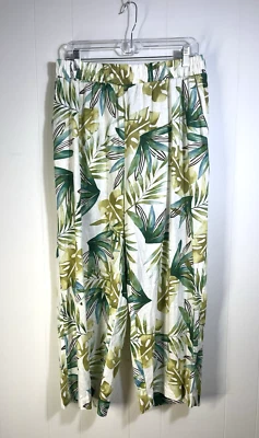 Pantalones Sigrid Olsen Tópicos Mezcla de Lino Blanco Verde Cintura Elástica Bolsillos Talla XL Foto 1 de 4