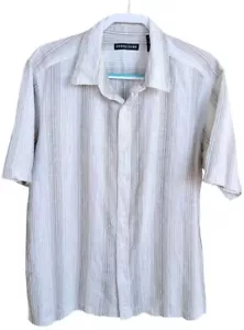 Structure Mens L Shirt Brown Striped Linen Button Down Short Sleeve Casual - Picture 1 of 6